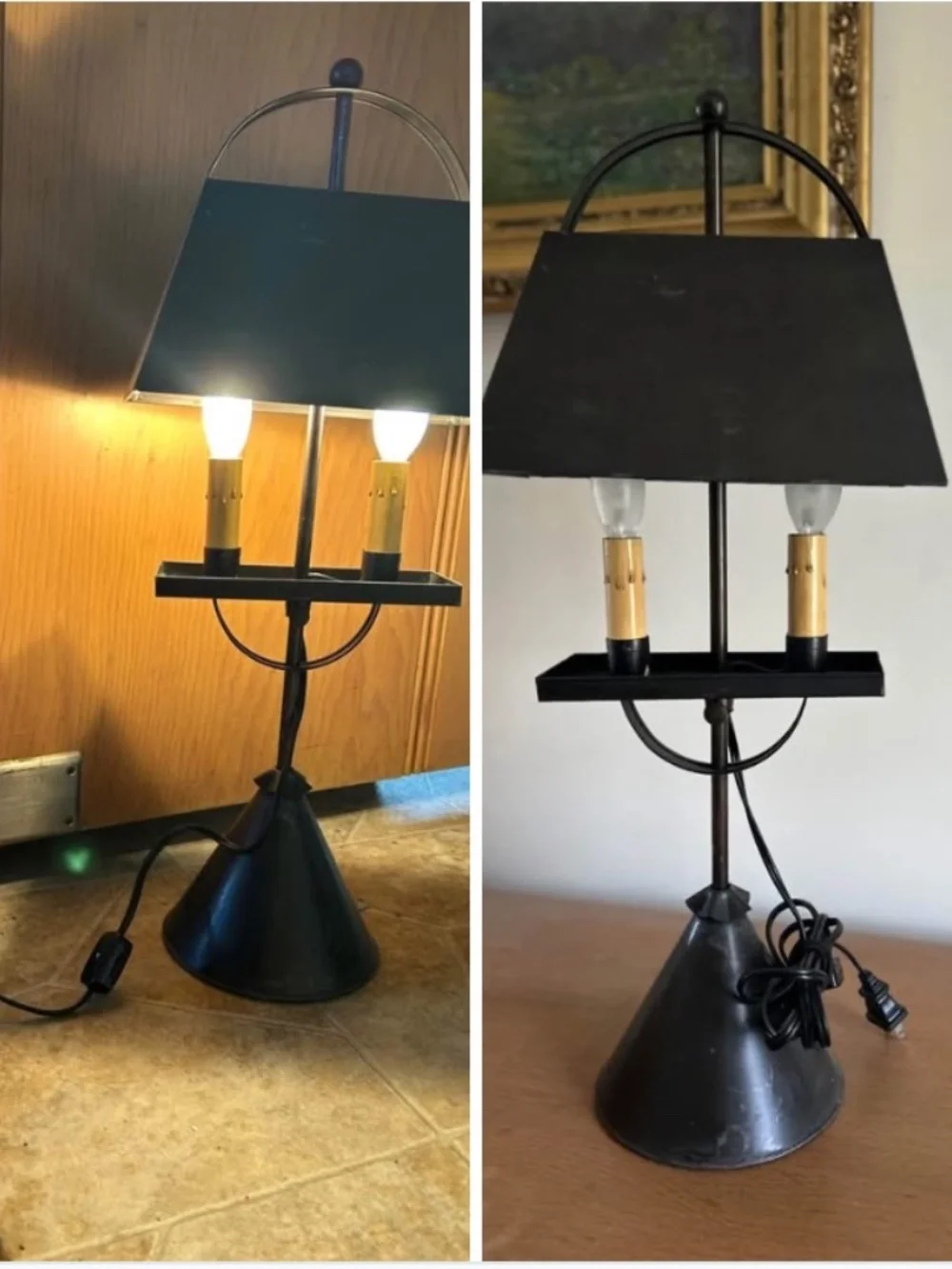 VINTAGE PRIMITIVE ADJ. EARLY AMERICAN REPROD BLACK TIN DUAL LIGHT TABLE LAMP EUC